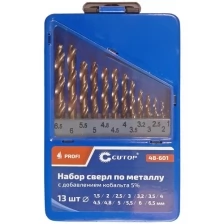 Набор сверл по металлу с кобальтом 5% в металлической коробке; 1,5-6,5 мм (через 0,5мм + 3,2мм; 4,8мм), 13 шт., Cutop Profi CUTOP 48-601